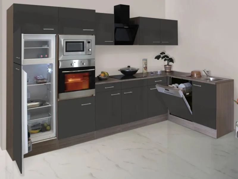 Discount Respekta Winkelküche 340 cm Grau Seidenglanz-Eiche York Nachbildung