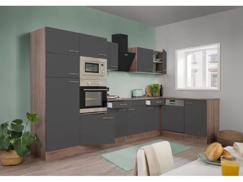 Discount Respekta Winkelküche 340 cm Grau Seidenglanz-Eiche York Nachbildung
