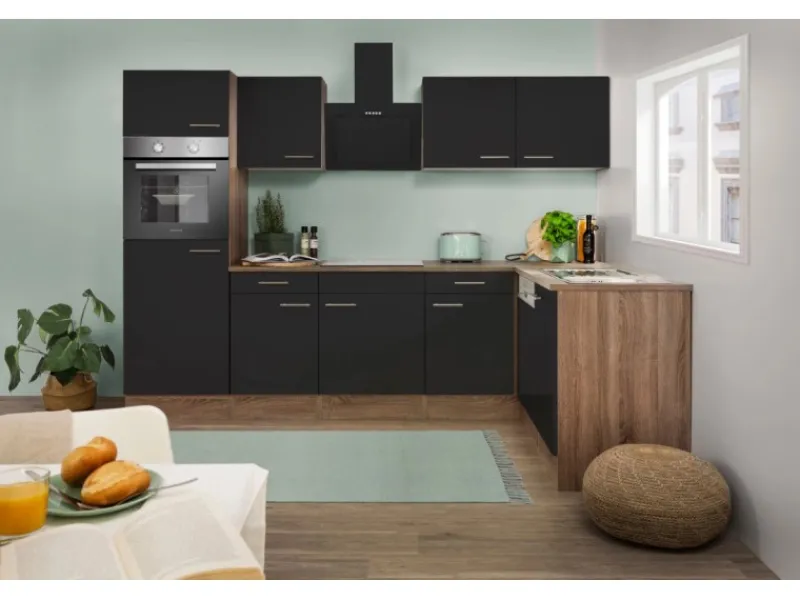 Best Respekta Winkelküche 280 cm Schwarz Seidenglanz-Eiche York Nachbildung