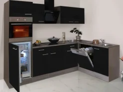 Best Respekta Winkelküche 280 cm Schwarz Seidenglanz-Eiche York Nachbildung