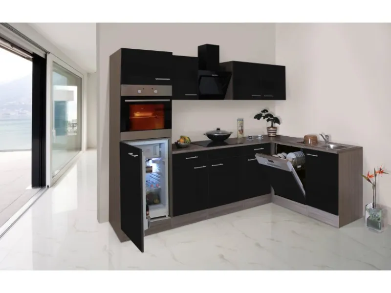 Best Respekta Winkelküche 280 cm Schwarz Seidenglanz-Eiche York Nachbildung