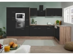 Discount Respekta Winkelküche 370 cm Schwarz Seidenglanz-Eiche York Nachbildung