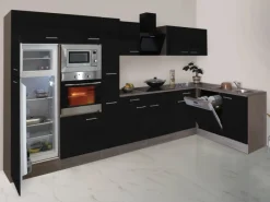Discount Respekta Winkelküche 370 cm Schwarz Seidenglanz-Eiche York Nachbildung