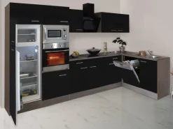 Respekta Winkelküche 340 cm Schwarz-Seidenglanz Eiche-York