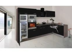 Respekta Winkelküche 340 cm Schwarz-Seidenglanz Eiche-York