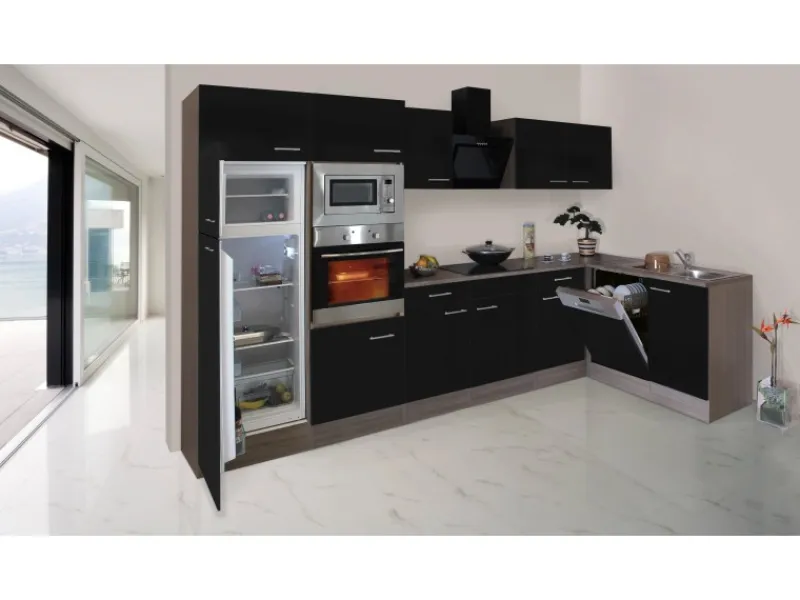 Respekta Winkelküche 340 cm Schwarz-Seidenglanz Eiche-York