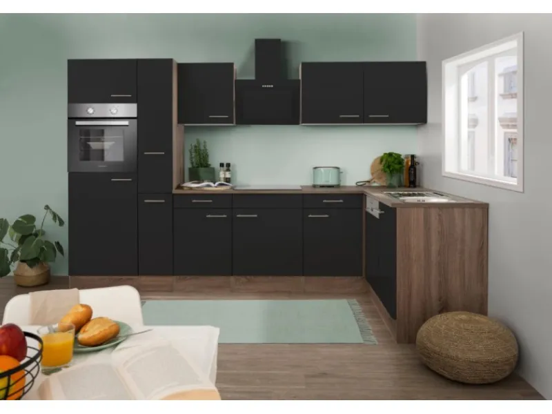 Discount Respekta Winkelküche 310 cm Schwarz Seidenglanz-Eiche York Nachbildung