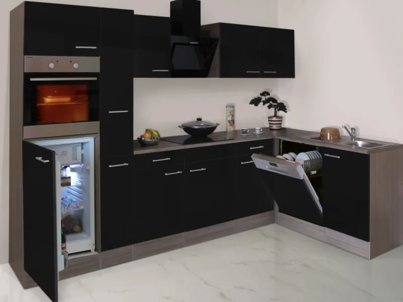 Discount Respekta Winkelküche 310 cm Schwarz Seidenglanz-Eiche York Nachbildung