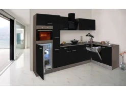 Discount Respekta Winkelküche 310 cm Schwarz Seidenglanz-Eiche York Nachbildung