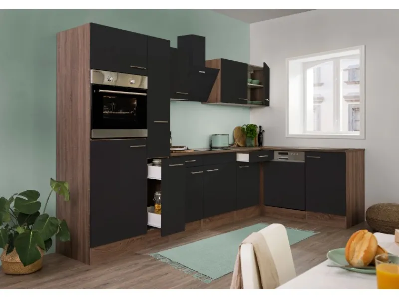 Discount Respekta Winkelküche 310 cm Schwarz Seidenglanz-Eiche York Nachbildung