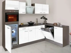Respekta Winkelküche 280 cm Weiß Seidenglanz-Eiche York Nachbildung< Kochfelder|Kühlschränke