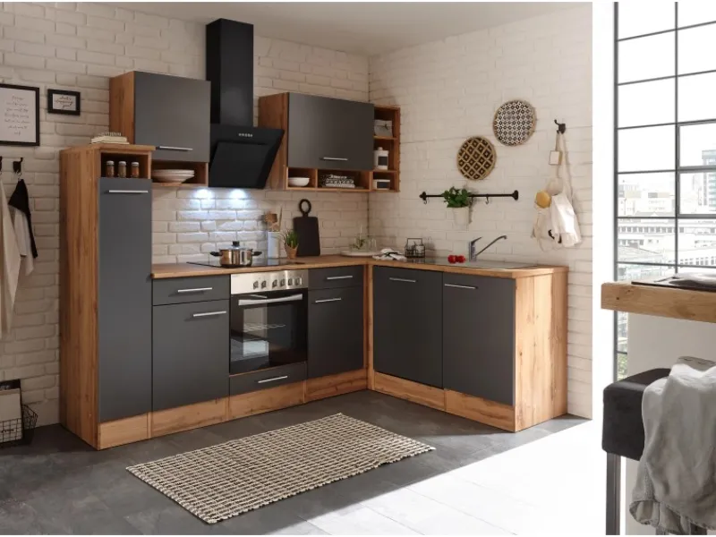 Respekta Winkelküche BEKBL250EGC 250 x 172 cm Grau-Wildeiche Nachbildung< Winkelküchen|Einbauküchen
