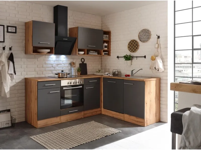 Respekta Winkelküche BEKBL220EGC 220 x 172 cm Grau-Wildeiche Nachbildung< Winkelküchen|Einbauküchen
