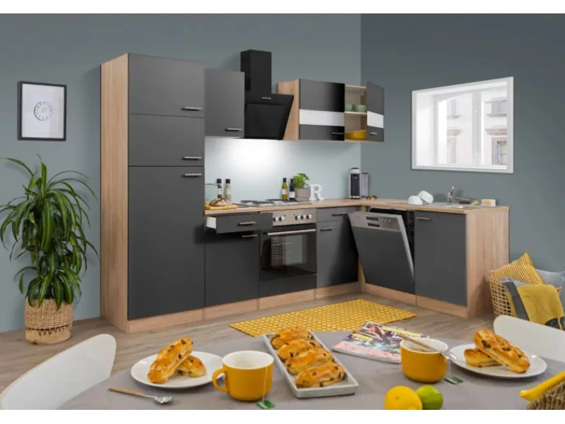 Respekta Winkelküche KBL280ESGS 280 cm -Eiche Sonoma Sägerau Nachbildung Grau