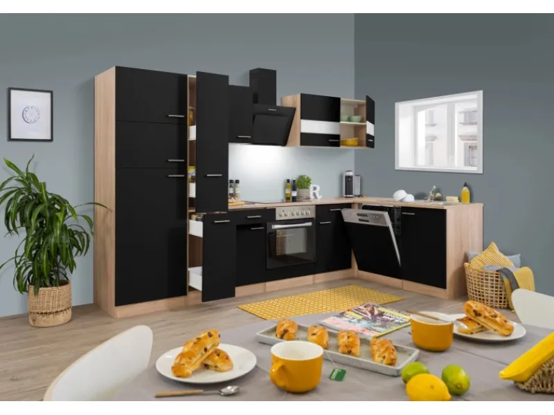 Best Respekta Winkelküche KBL310ESSSC 310 cm Eiche Sonoma Sägerau Nachbildung Schwarz