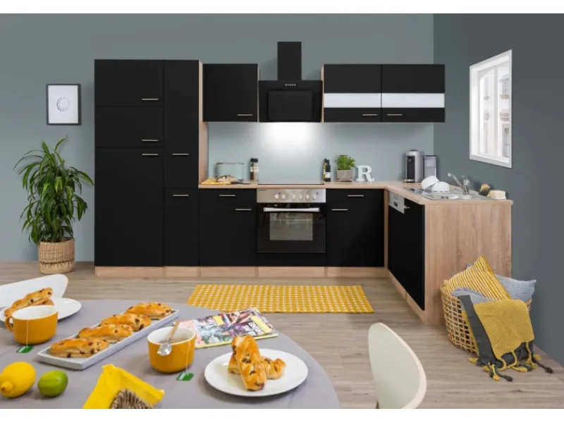 Best Respekta Winkelküche KBL310ESSSC 310 cm Eiche Sonoma Sägerau Nachbildung Schwarz