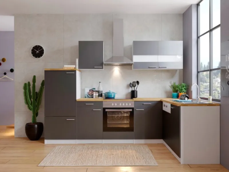 Clearance Respekta Winkelküche KBL280WGCG 280 x 172 cm Grau-Weiß-Butcher Nussbaum