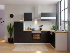 Online Respekta Winkelküche KBL280WSCG 280 x 172 cm Schwarz-Weiß-Butcher Nussbaum