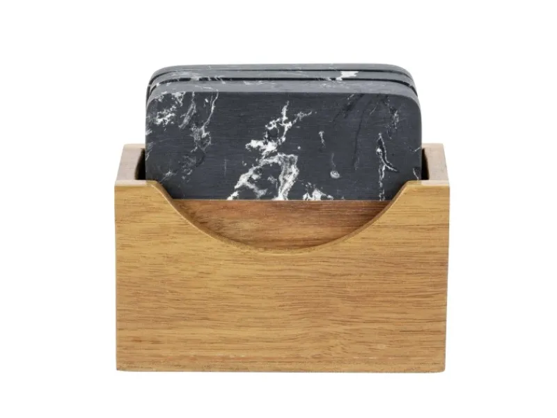 Schöner Wohnen Küchenhelfer<Untersetzer-Set Atami Marmor und Akazienholz Schwarz-Braun 5-tlg.