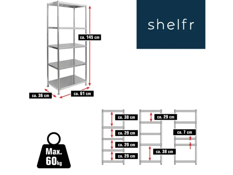 Clearance shelfr Schwerlast Edelstahl Regal mit 5 Ebenen 61 x 36 x 145 cm bis 60kg