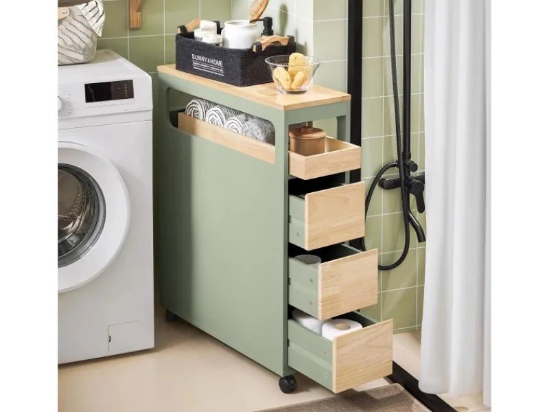 Outlet SoBuy Badezimmerschrank Rollwagen mit 3 Schubladen Nischenschrank 24x82x65cm Grün BZR54-GR