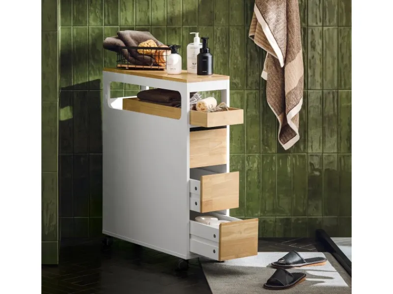 SoBuy Küchenregale|Küchenschränke<Badezimmerschrank Rollwagen mit 3 Schubladen Nischenschrank 24x82x65cm Weiß-Natur BZR54-WN