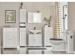 Online SoBuy Badezimmerschrank Sideboard mit Schublade und Lamellentüren 60x87x35cm Weiß FRG238-W