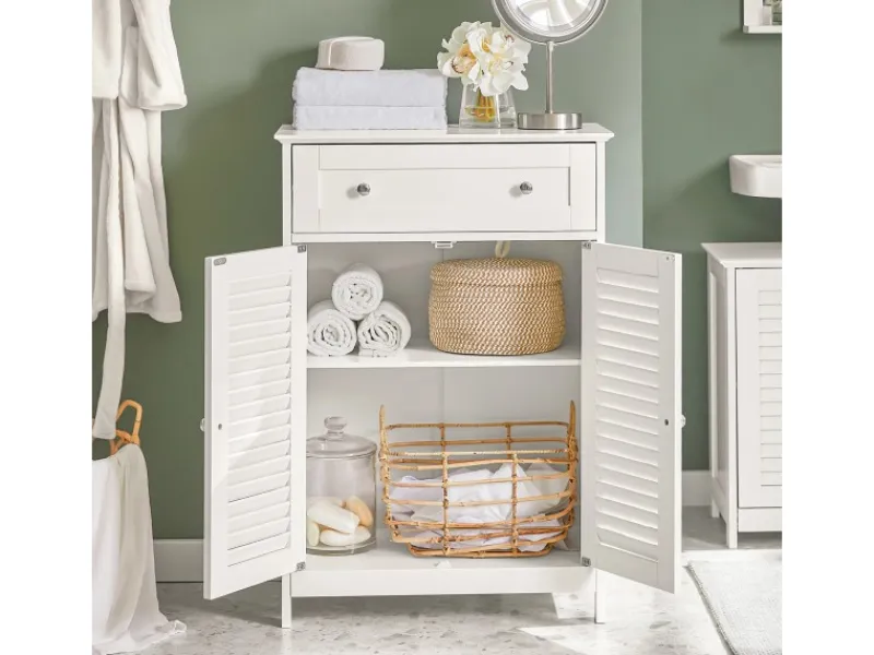 Online SoBuy Badezimmerschrank Sideboard mit Schublade und Lamellentüren 60x87x35cm Weiß FRG238-W