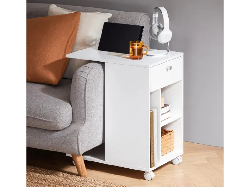 SoBuy Servierwagen<Couchtisch mit Tablet Schiene Beistelltisch mit Rollen Weiß FBT148-W