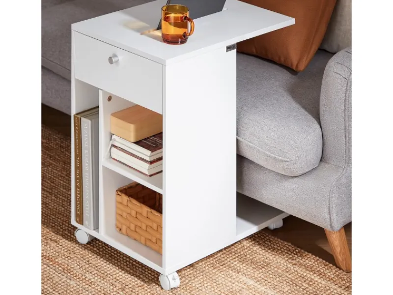 SoBuy Servierwagen<Couchtisch mit Tablet Schiene Beistelltisch mit Rollen Weiß FBT148-W