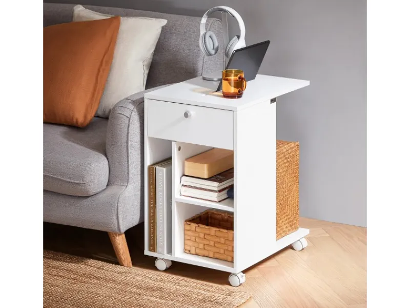 SoBuy Servierwagen<Couchtisch mit Tablet Schiene Beistelltisch mit Rollen Weiß FBT148-W