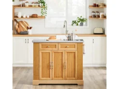 SoBuy Kücheninsel Küchenwagen mit Ausziehbarer Arbeitsplatte Bambus 107x92,5x71cm Natur FKW130-N< Kücheninseln