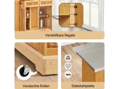 SoBuy Kücheninsel Küchenwagen mit Ausziehbarer Arbeitsplatte Bambus 107x92,5x71cm Natur FKW130-N< Kücheninseln