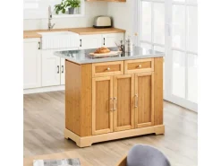 SoBuy Kücheninsel Küchenwagen mit Ausziehbarer Arbeitsplatte Bambus 107x92,5x71cm Natur FKW130-N< Kücheninseln