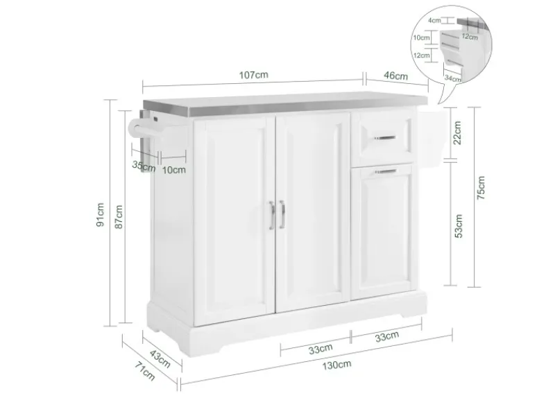 Hot SoBuy Kücheninsel Küchenwagen mit Ausziehbarer Edelstahlarbeitsplatte 130x91x71cm Weiß FKW128-ST