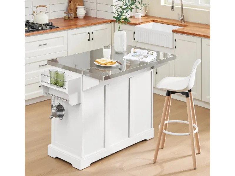 Hot SoBuy Kücheninsel Küchenwagen mit Ausziehbarer Edelstahlarbeitsplatte 130x91x71cm Weiß FKW128-ST