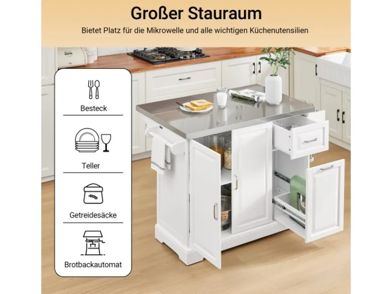 Hot SoBuy Kücheninsel Küchenwagen mit Ausziehbarer Edelstahlarbeitsplatte 130x91x71cm Weiß FKW128-ST