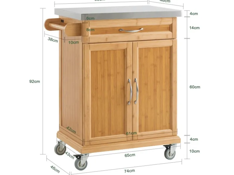 SoBuy Servierwagen|Schneidebretter<Küchenwagen aus Bambus mit Edelstahltop Servierwagen FKW13-N