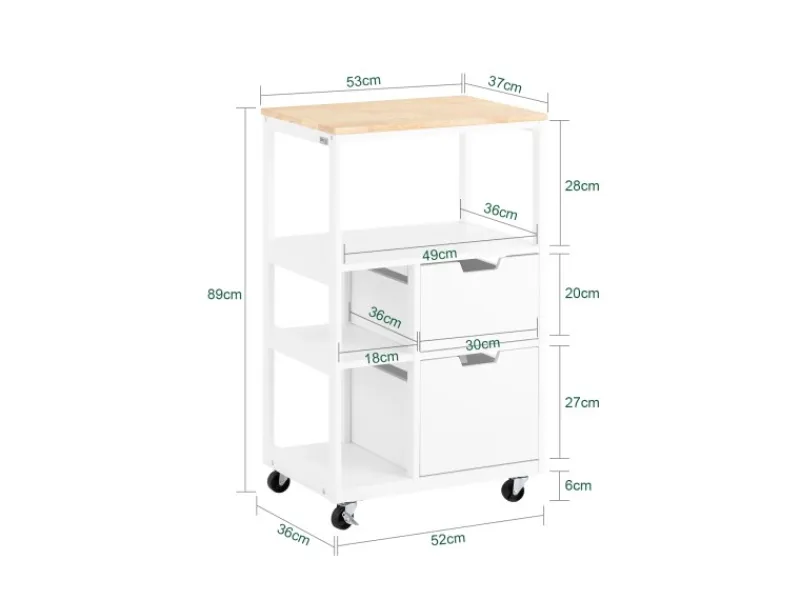 SoBuy Küchenwagen mit 2 Schubladen 3 Ablagen Servierwagen 53x89x37cm FKW111-WN