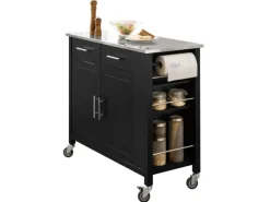 SoBuy Kücheninseln|Servierwagen<Küchenwagen mit Edelstahlplatte Kücheninsel Rollwagen Schwarz FKW108-SCH
