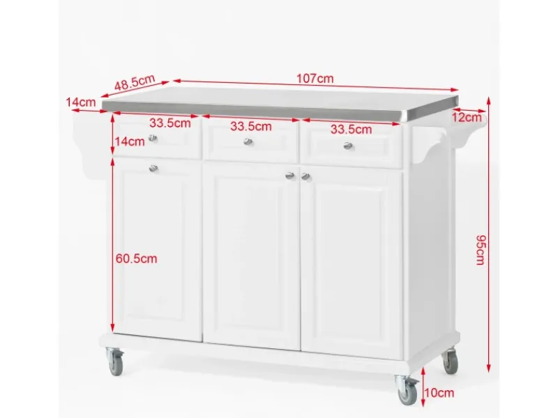 SoBuy Küchenwagen mit Edelstahltop Küchenschrank Rollwagen Weiß FKW33-W< Kücheninseln|Servierwagen