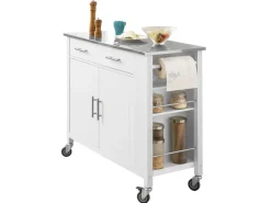 SoBuy Kücheninseln|Servierwagen<Küchenwagen mit Edelstahlplatte Kücheninsel Rollwagen Weiß FKW108-W