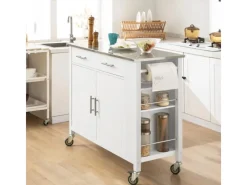SoBuy Kücheninseln|Servierwagen<Küchenwagen mit Edelstahlplatte Kücheninsel Rollwagen Weiß FKW108-W