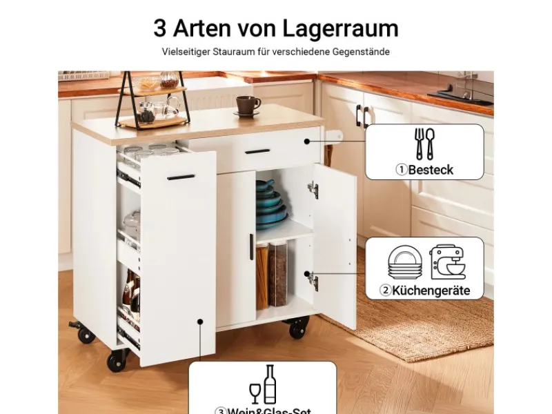 SoBuy Kücheninseln|Servierwagen<Küchenwagen mit Gewürzregal Sideboard Küchenschrank 105x92x46cm Weiß-Natur FKW126-WN