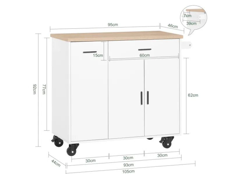 SoBuy Kücheninseln|Servierwagen<Küchenwagen mit Gewürzregal Sideboard Küchenschrank 105x92x46cm Weiß-Natur FKW126-WN