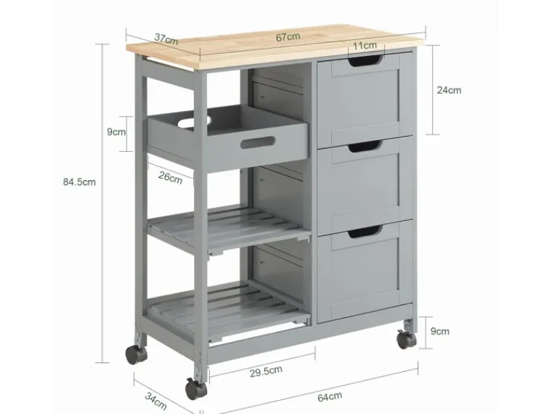 SoBuy Servierwagen Küchenwagen mit 2 Ablagen und 1 Tablett Küchenregal 67x84x37cm Grau FKW79-HG< Servierwagen|Küchenregale
