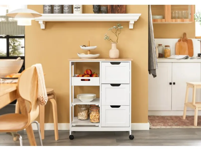 SoBuy Servierwagen|Küchenregale<Servierwagen Küchenwagen mit 2 Ablagen und 1 Tablett Küchenregal 67x84x37cm Weiß FKW79-W