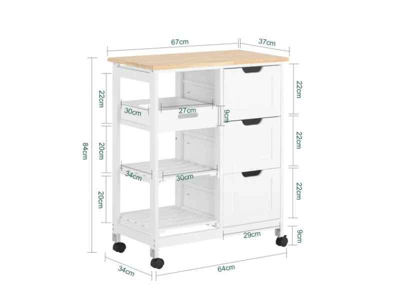 SoBuy Servierwagen|Küchenregale<Servierwagen Küchenwagen mit 2 Ablagen und 1 Tablett Küchenregal 67x84x37cm Weiß FKW79-W