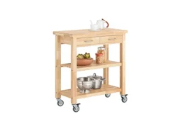 SoBuy Servierwagen mit 2 Ablagen Küchenwagen Küchenregal Kautschukholz 80x90x40cm Natur FKW24-N< Servierwagen|Küchenregale