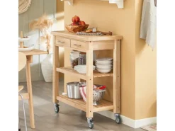 SoBuy Servierwagen mit 2 Ablagen Küchenwagen Küchenregal Kautschukholz 80x90x40cm Natur FKW24-N< Servierwagen|Küchenregale